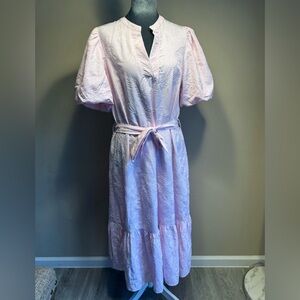 Umgee Pink Embroidered Stripe Midi Dress Puff Sleeve Tie Waist Cottagecore  M